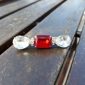 Jeweled Bow Brooch Pin Red and Clear Stones